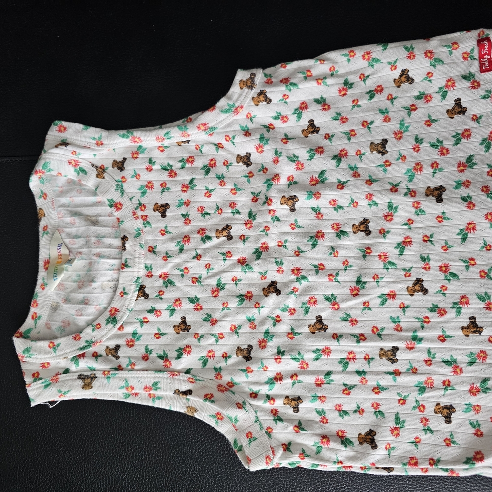 Teddy Fresh White Muscle Tee with Bear and Floral Print